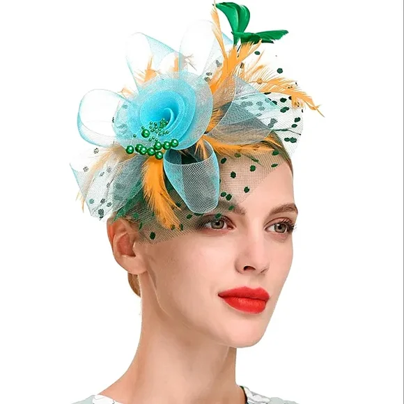 Elegant Blue, Orange, and Green Feathered Fascinator Dotted Lace Tea Derby NWT il_fullxfull.3051926715_mqlb.jpg main image 3